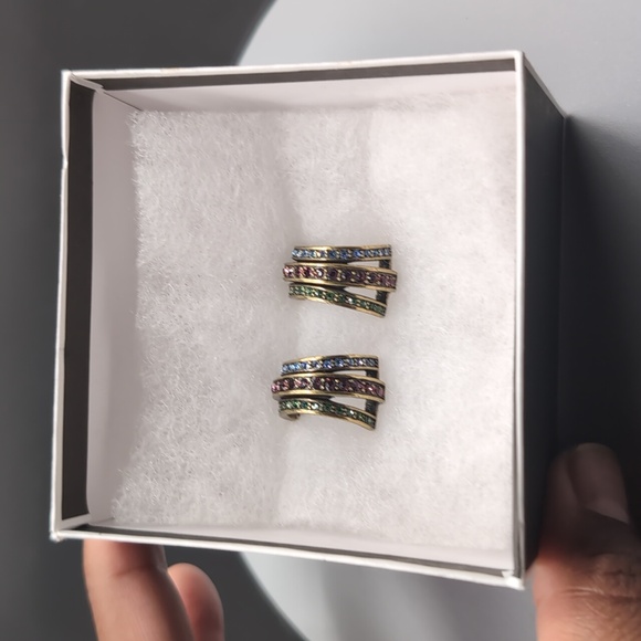 Heidi Daus| Gold Toned Multicolored Crystal Half Hoop Stud Earrings - Picture 10 of 10